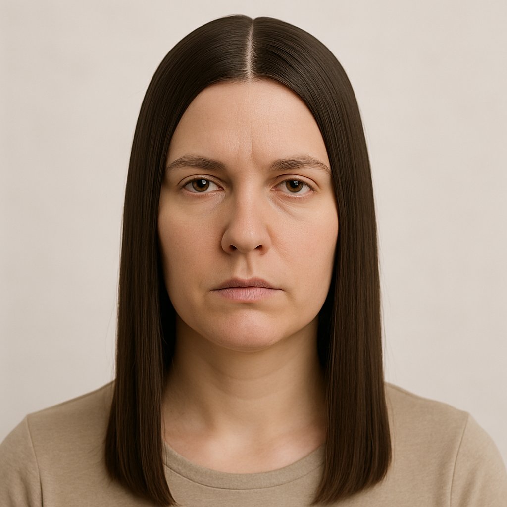 A woman with straight hair parted down the middle, showing a flat hairstyle that makes her face appear wider and longer.