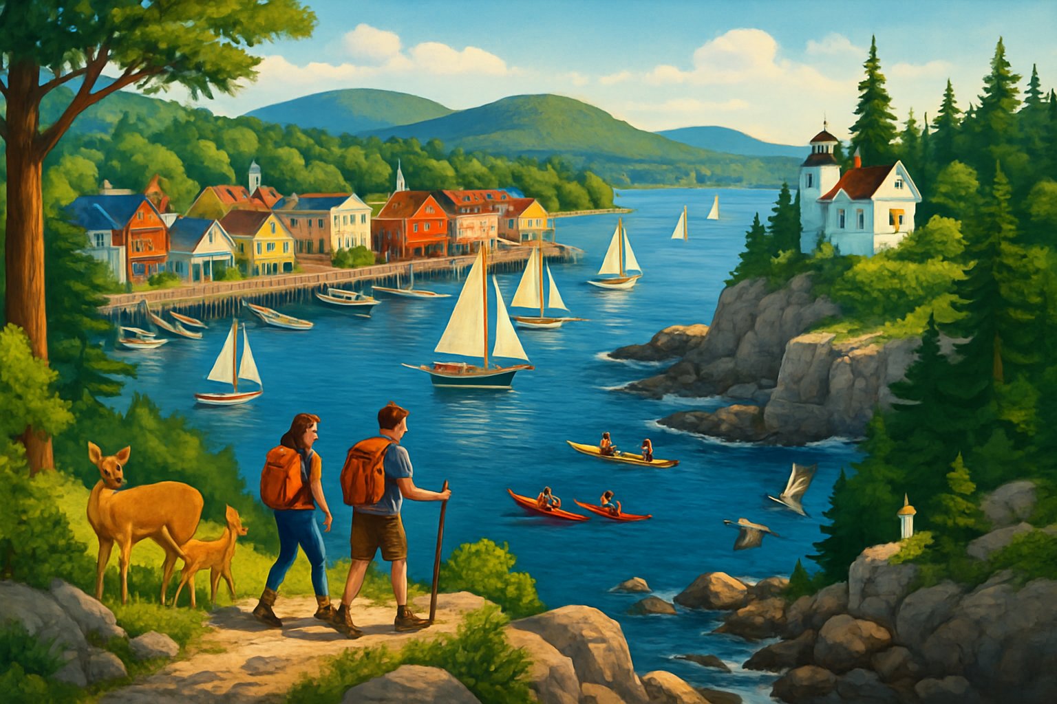 A coastal town with boats in the harbor, hikers on forest trails, a lighthouse on rocky cliffs, and wildlife in a natural setting near Bar Harbor.