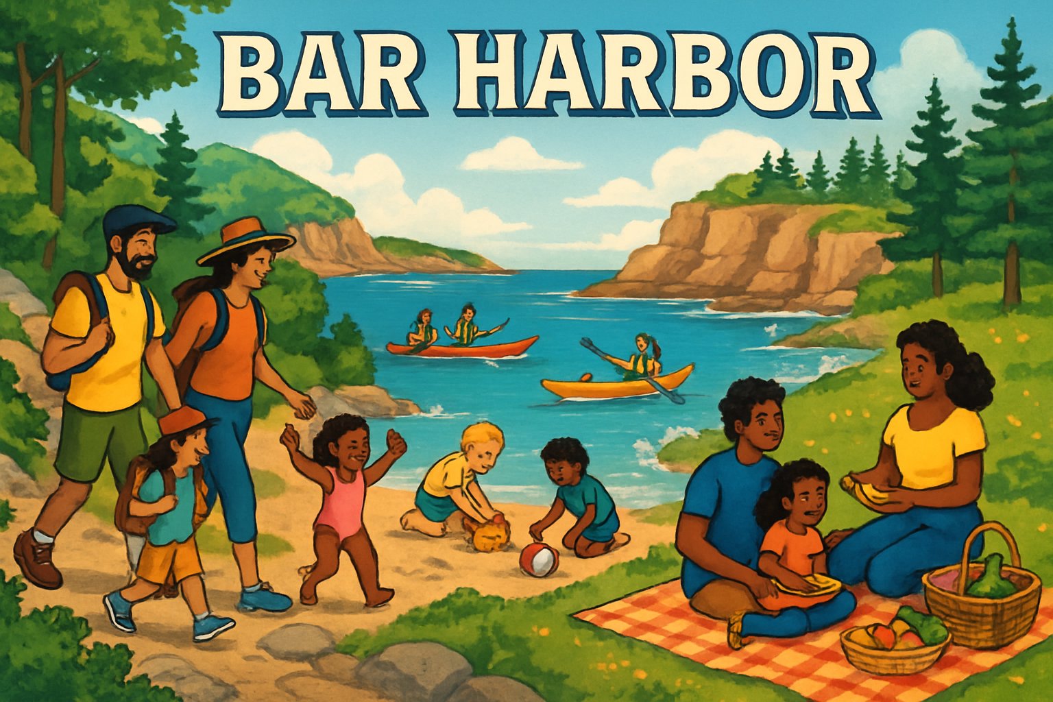 Families enjoying outdoor activities in Bar Harbor including hiking, beach play, picnicking, and kayaking near coastal cliffs and trees.