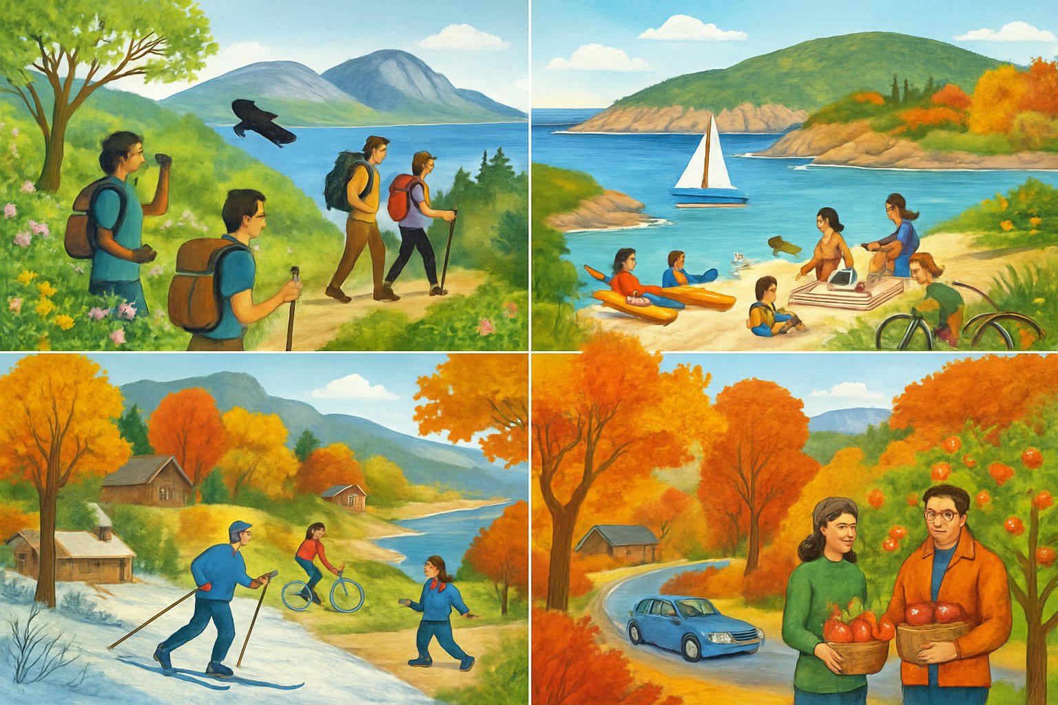 A scene showing people enjoying hiking, kayaking, biking, apple picking, skiing, and ice skating in Bar Harbor across the four seasons with mountains and coastline in the background.