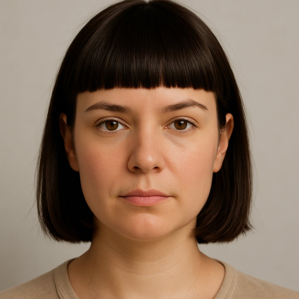 A woman with straight blunt bangs that cut across her forehead, showing how the hairstyle frames her face.