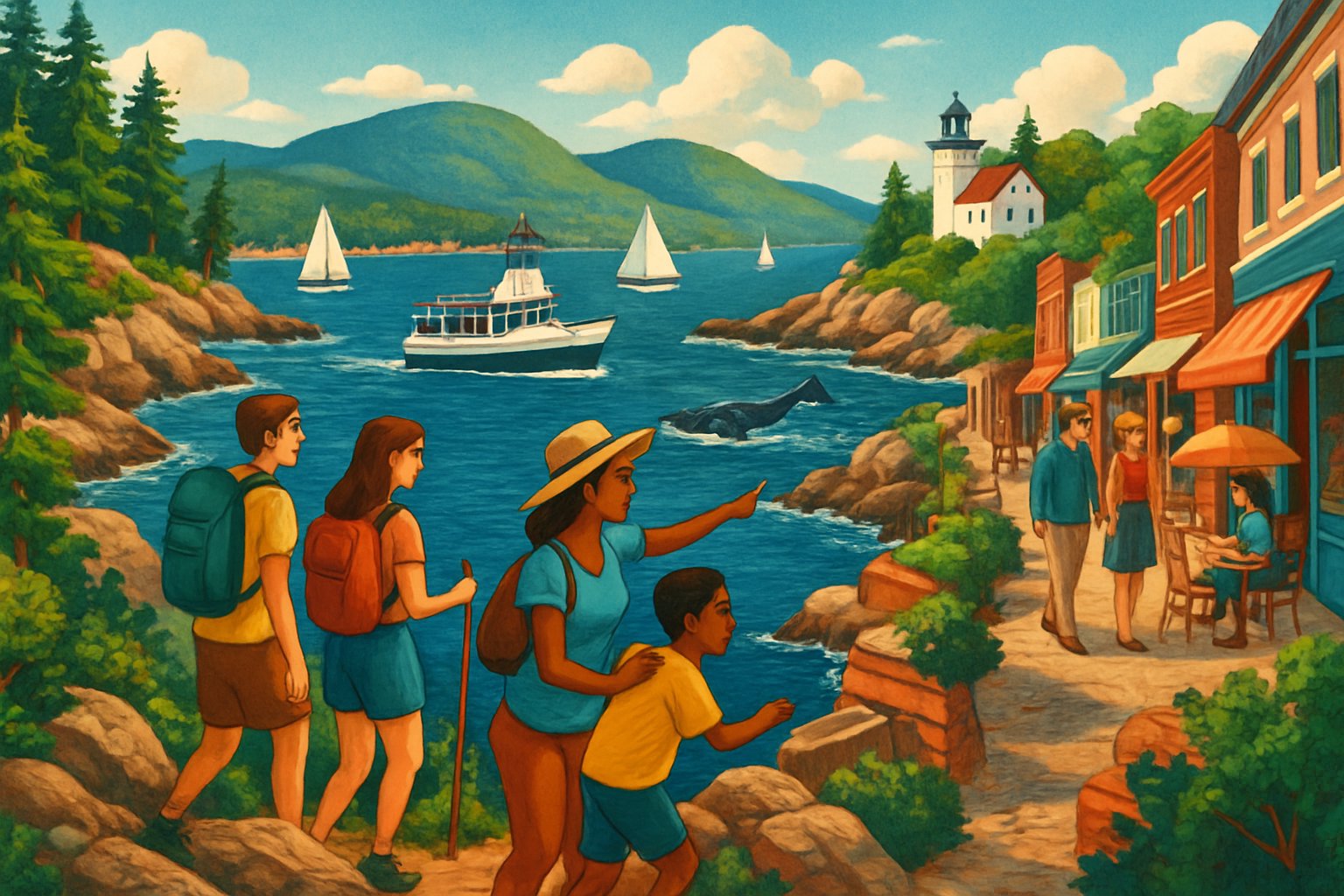 A coastal scene of Bar Harbor with people hiking, whale watching, and enjoying shops by the ocean with mountains in the background.