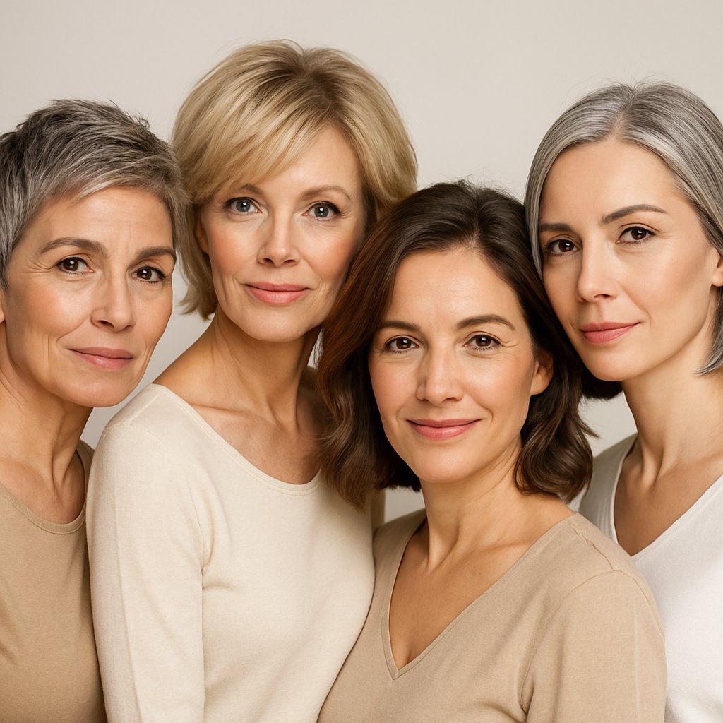 A group of mature women with different hairstyles posing confidently to highlight their cheekbones.
