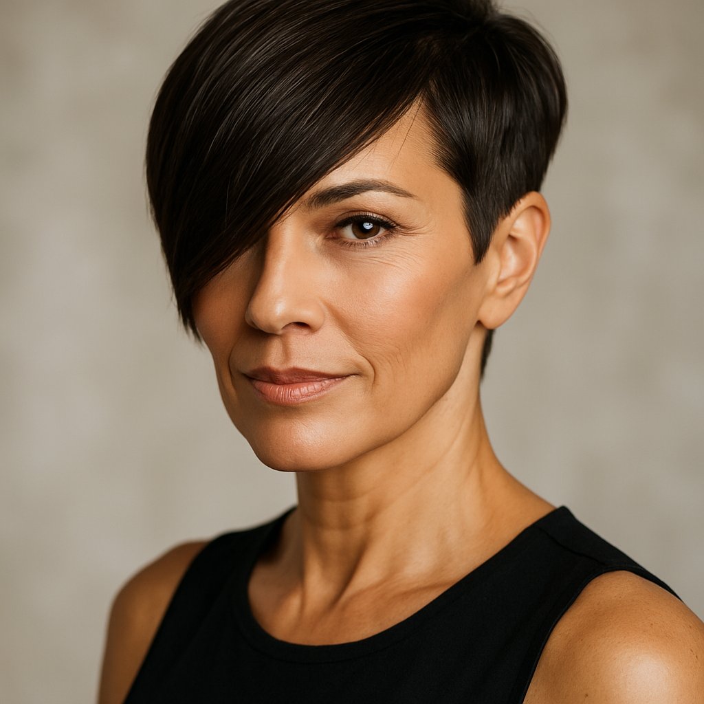 Portrait of a confident middle-aged woman with short hair and a long fringe partially covering her face, highlighting her cheekbones.