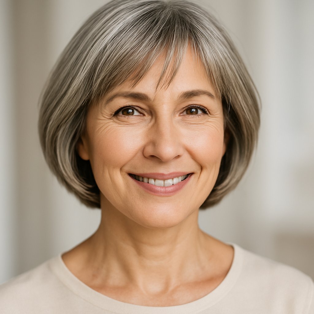 A smiling middle-aged woman with a short bob haircut and wispy bangs, looking confidently at the camera.