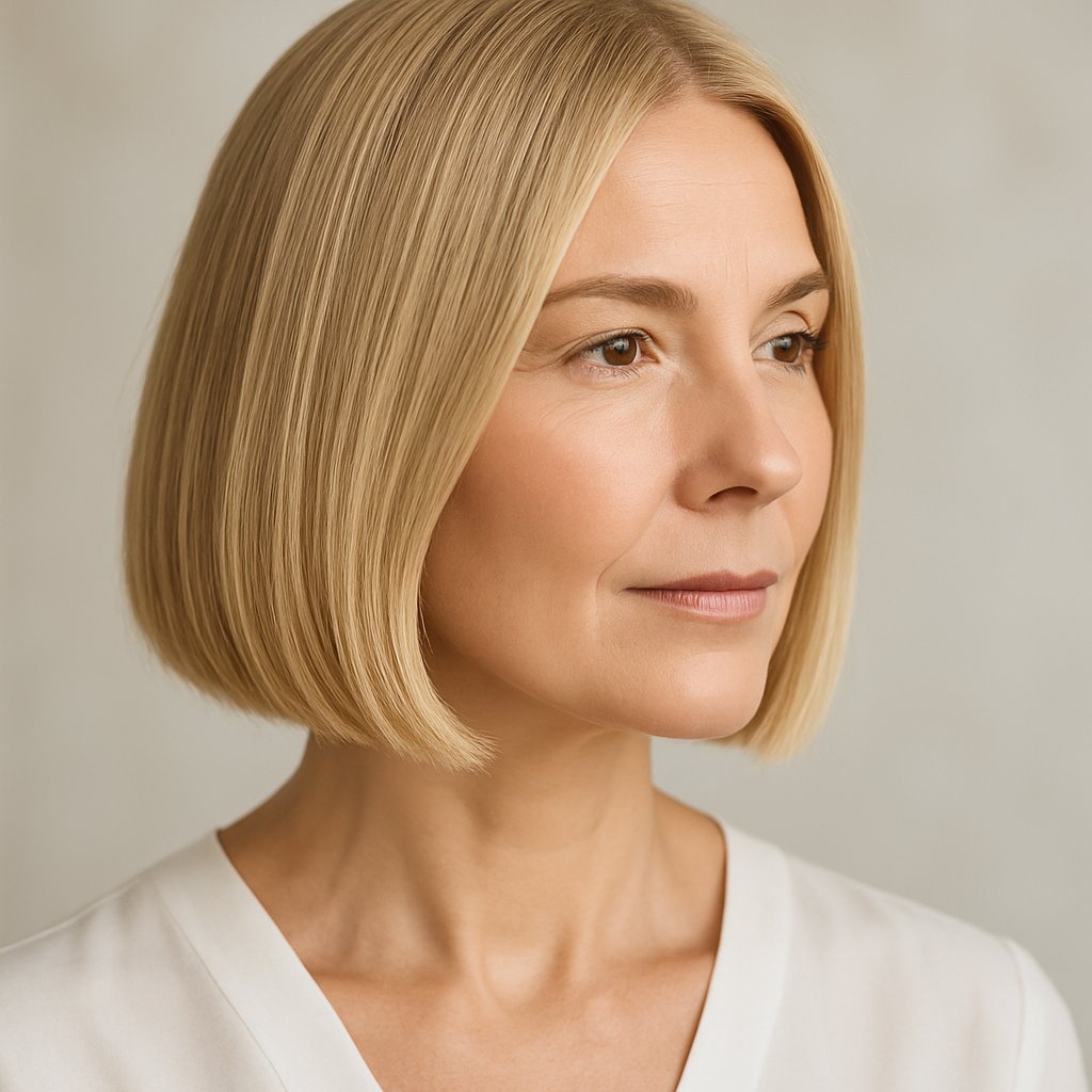 A mature woman with a blunt haircut softly framing her face, highlighting her cheekbones, looking slightly to the side with a calm expression.