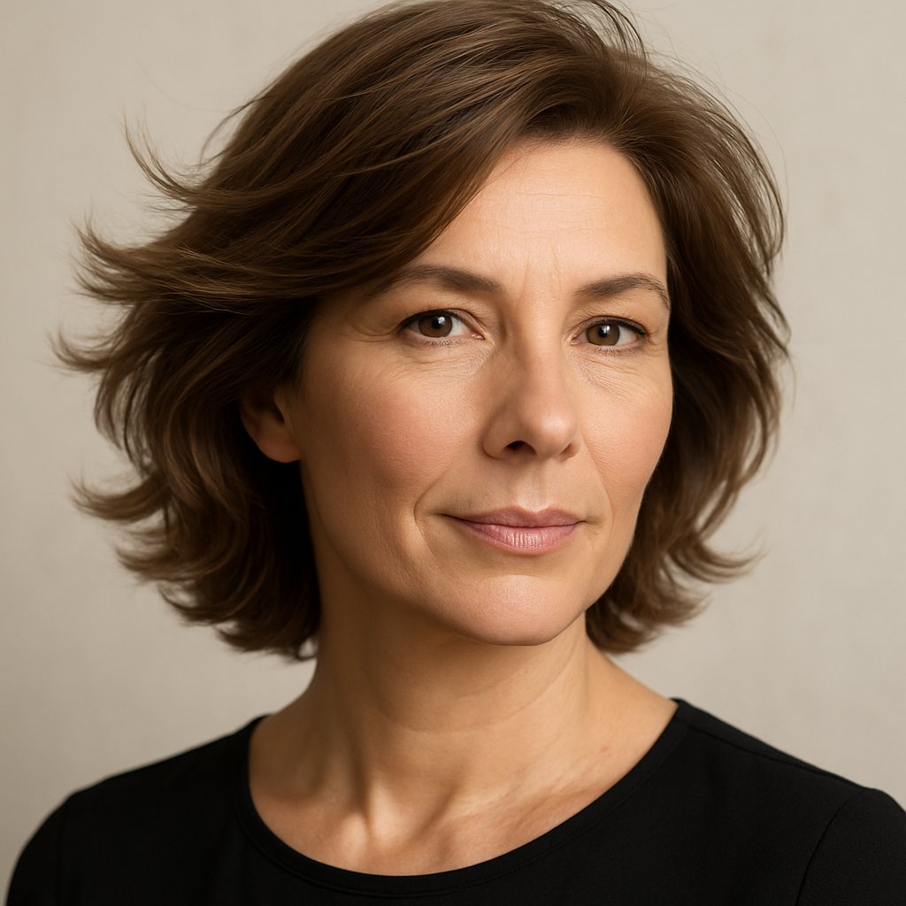 A woman over 45 with medium-length tousled hair, smiling gently and looking slightly to the side.