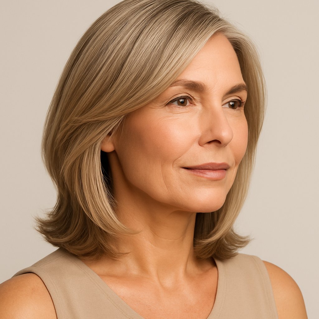 Portrait of a mature woman with a side-parted long bob hairstyle, smiling gently against a plain background.