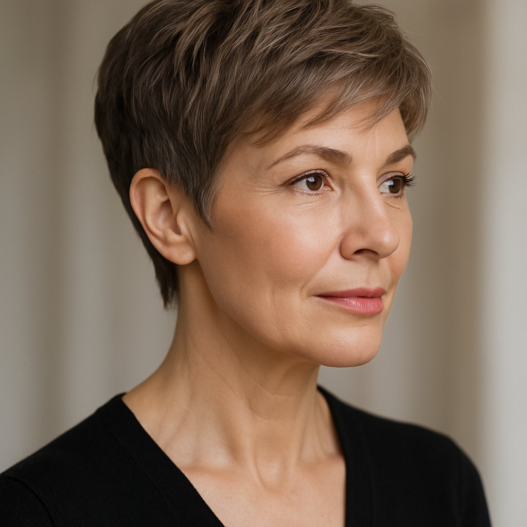 A mature woman with a layered pixie haircut and a tapered neckline, looking confidently with a slight smile.