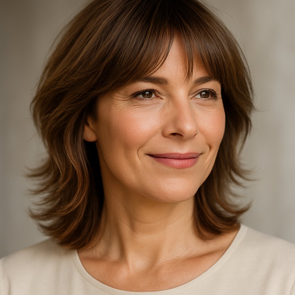 A smiling woman with curtain bangs and a medium shag haircut, shown from the shoulders up against a neutral background.