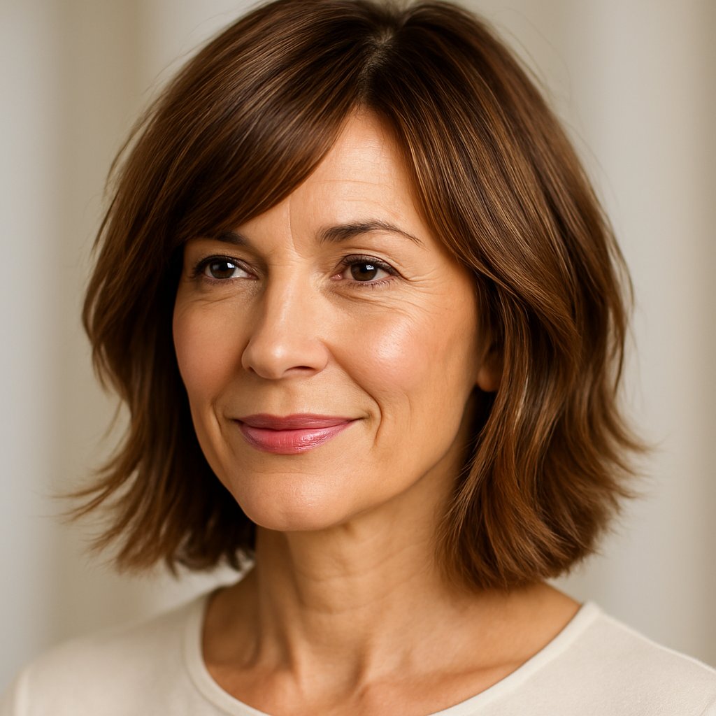 A mature woman with a textured lob haircut and side bangs, smiling gently with her face slightly turned to the side.