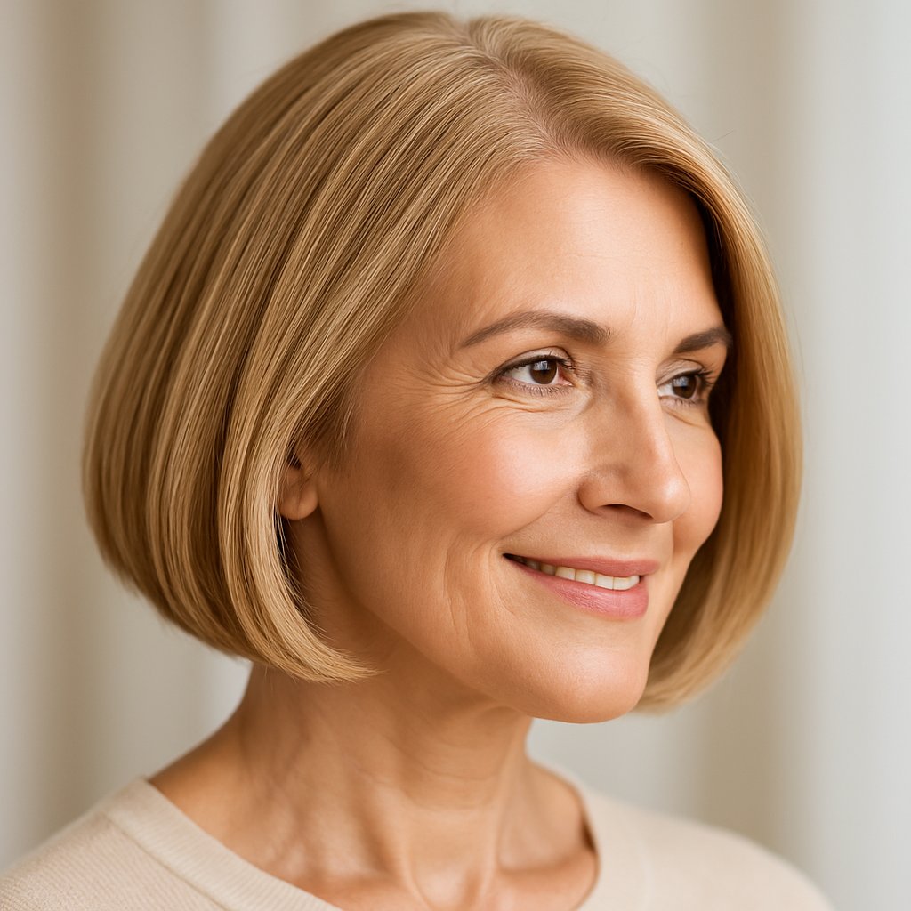A mature woman with a classic bob haircut and inner layers smiling gently against a softly blurred neutral background.