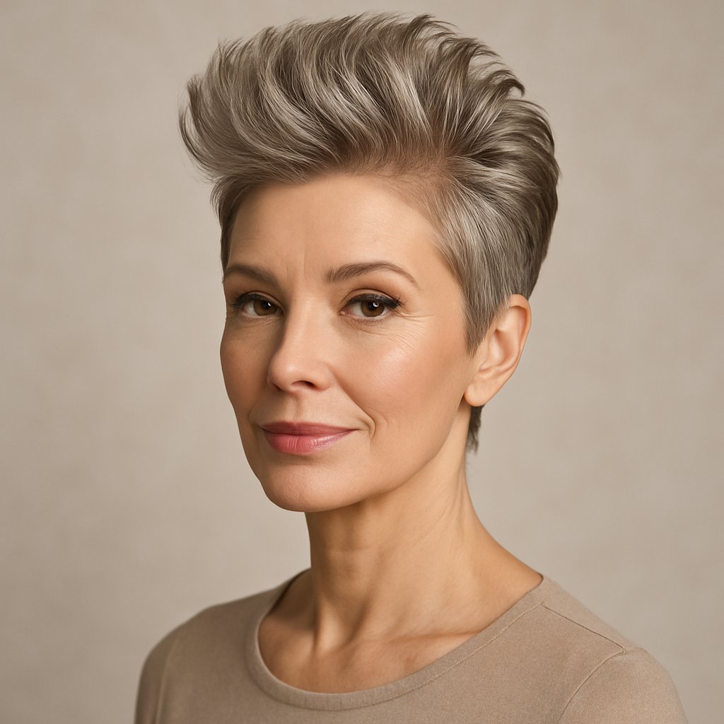 A confident mature woman with a voluminous brushed-up pixie haircut, smiling softly and showing prominent cheekbones.