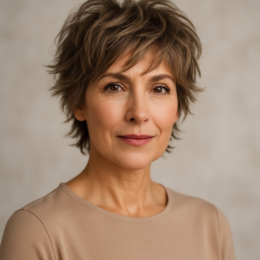 A middle-aged woman with a short layered haircut smiling softly against a neutral background.