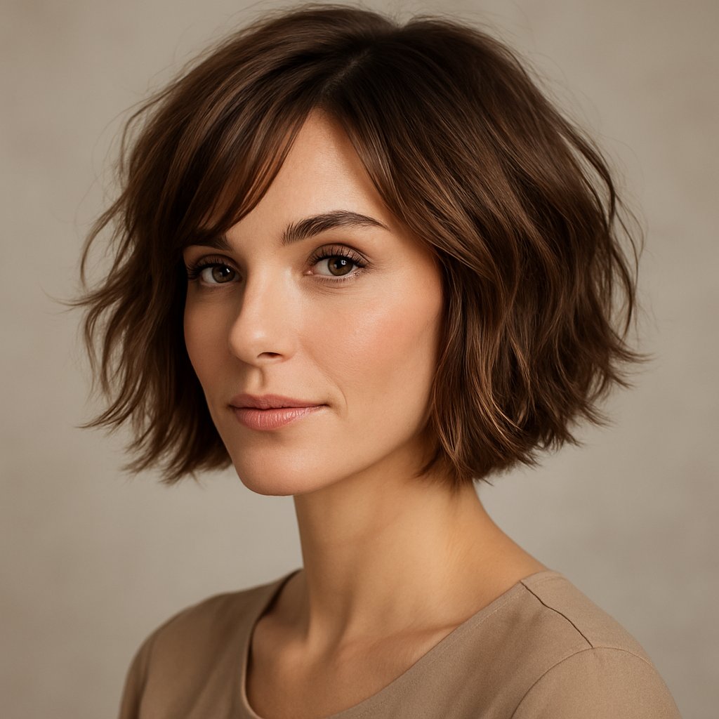 A woman with a tousled bob haircut featuring soft, textured ends, looking confidently at the camera against a neutral background.