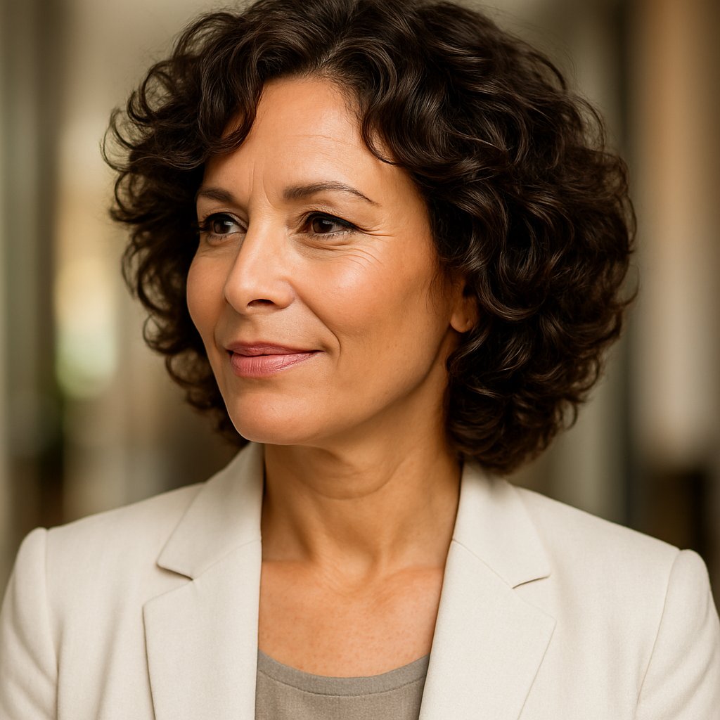 A middle-aged woman with medium-length curly hair and layered ends, smiling gently and showing defined cheekbones.