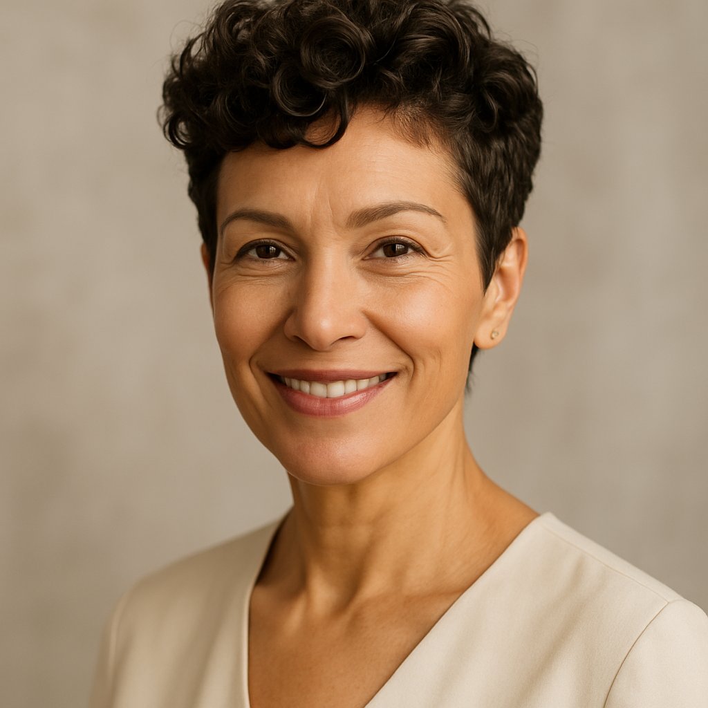 A smiling woman over 45 with a curly pixie haircut that adds volume on top, highlighting her high cheekbones.