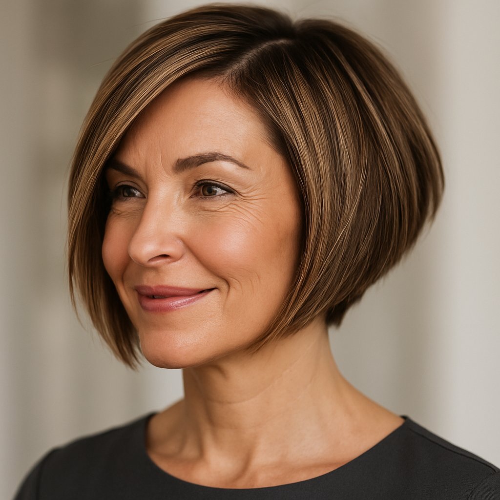 A middle-aged woman with an angled bob haircut smiling softly and looking slightly to the side.