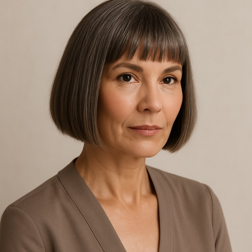 A confident mature woman with a blunt bob haircut posing against a neutral background.