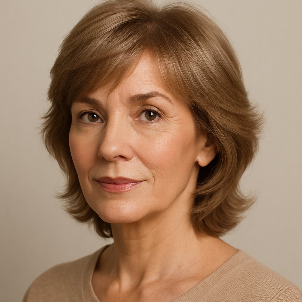 Portrait of a mature woman with a soft feathered haircut highlighting her cheekbones and jawline.