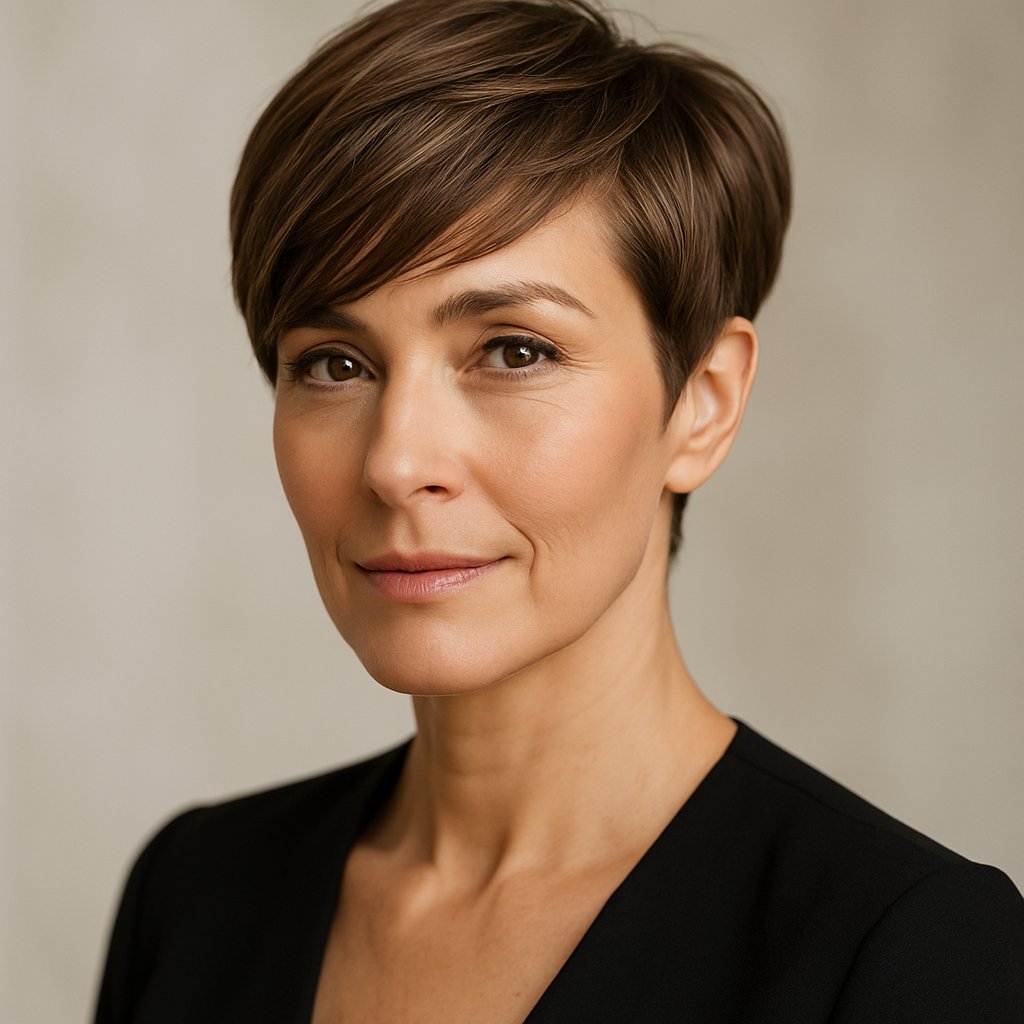 Portrait of a smiling middle-aged woman with a short pixie haircut and side swept bangs, highlighting her cheekbones.