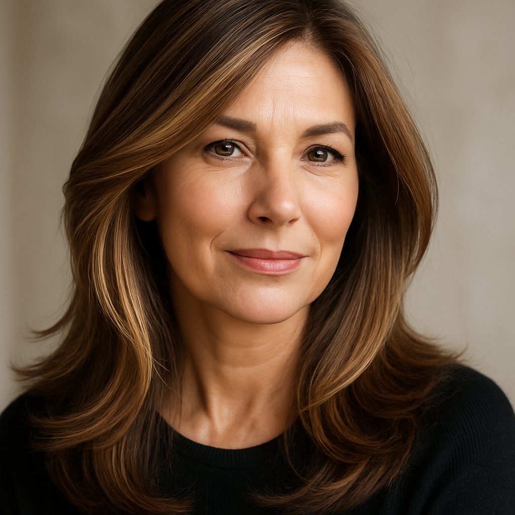 A mature woman with long layered hair and highlights smiling softly with a blurred neutral background.