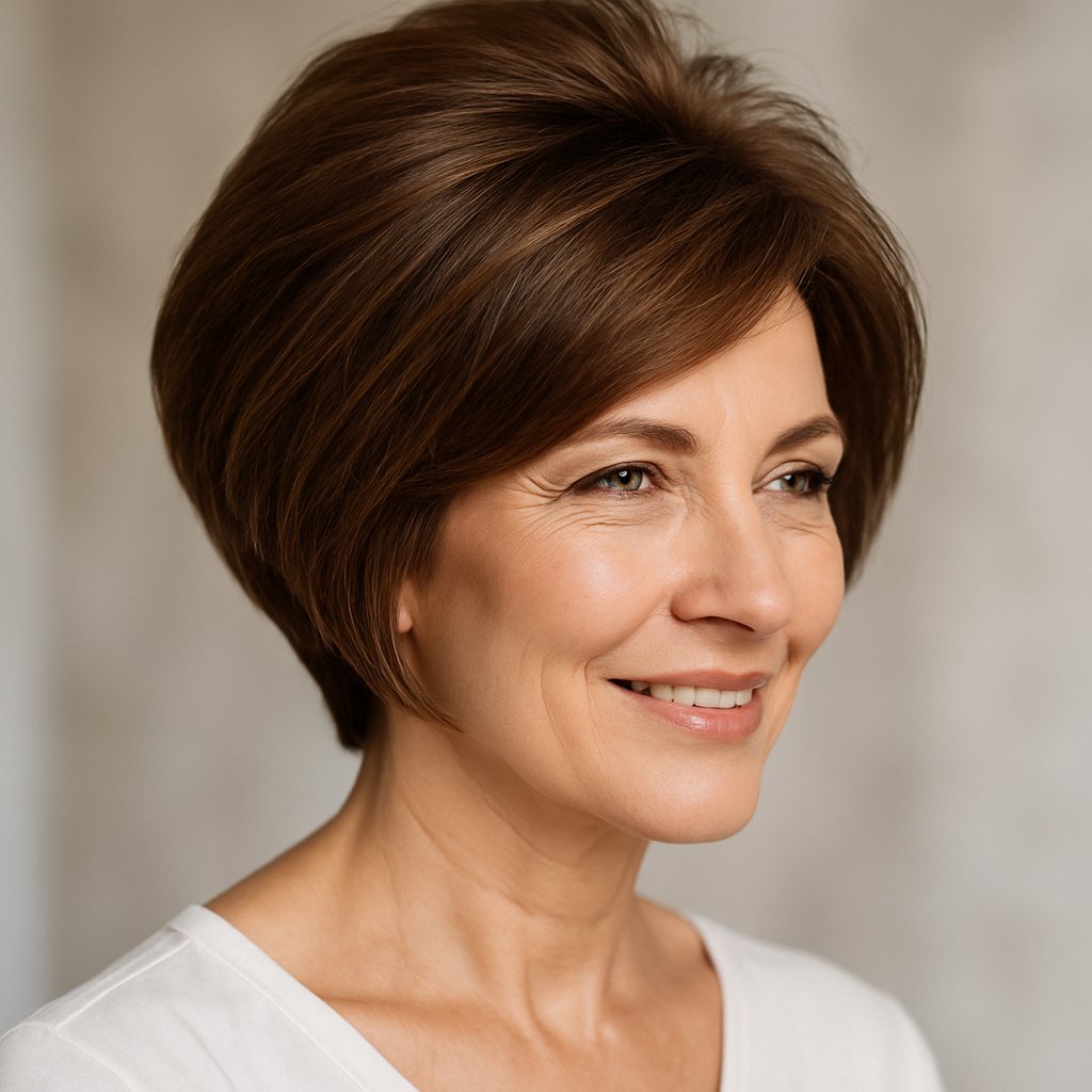 A mature woman with a voluminous stacked bob haircut smiling gently with defined cheekbones.