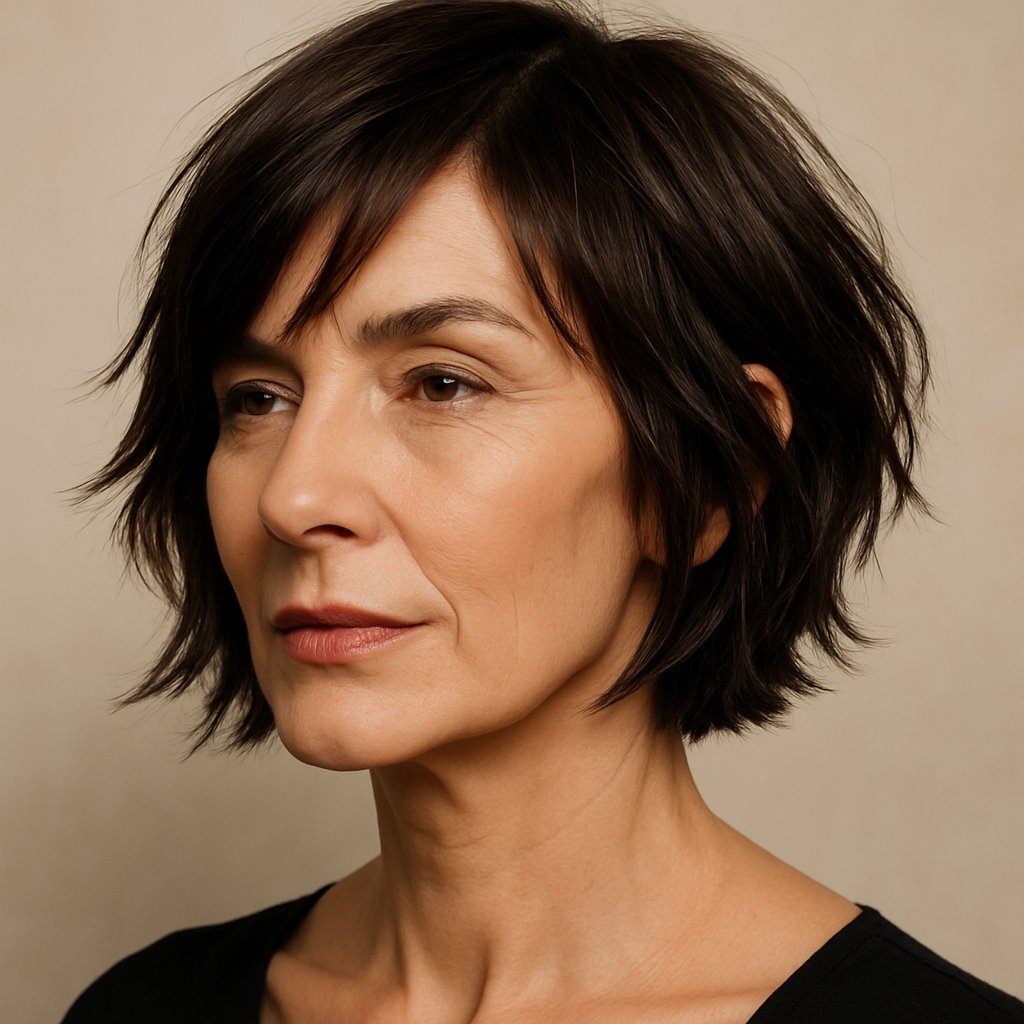 A mature woman with a choppy bob haircut and side part, showing shadows that highlight her cheekbones.