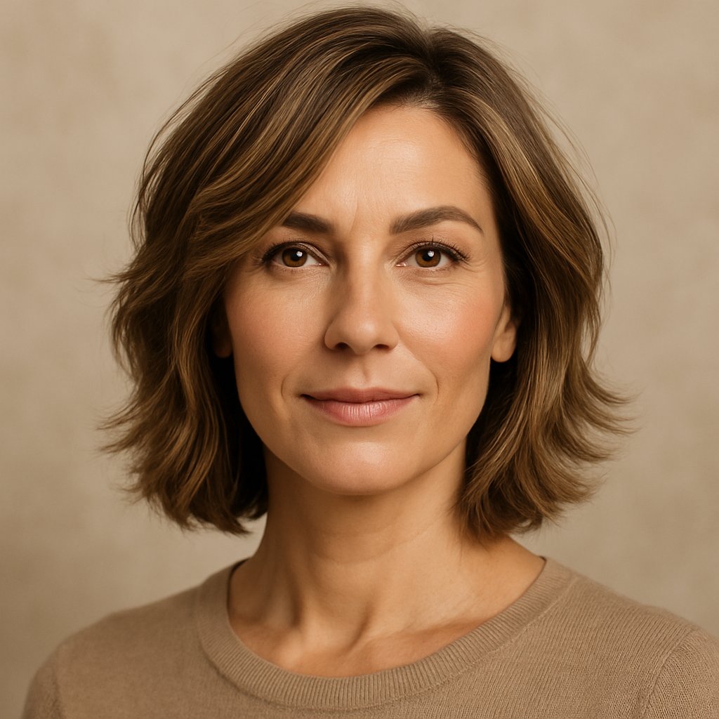 A middle-aged woman with a layered lob haircut and subtle waves, smiling gently and looking slightly to the side.