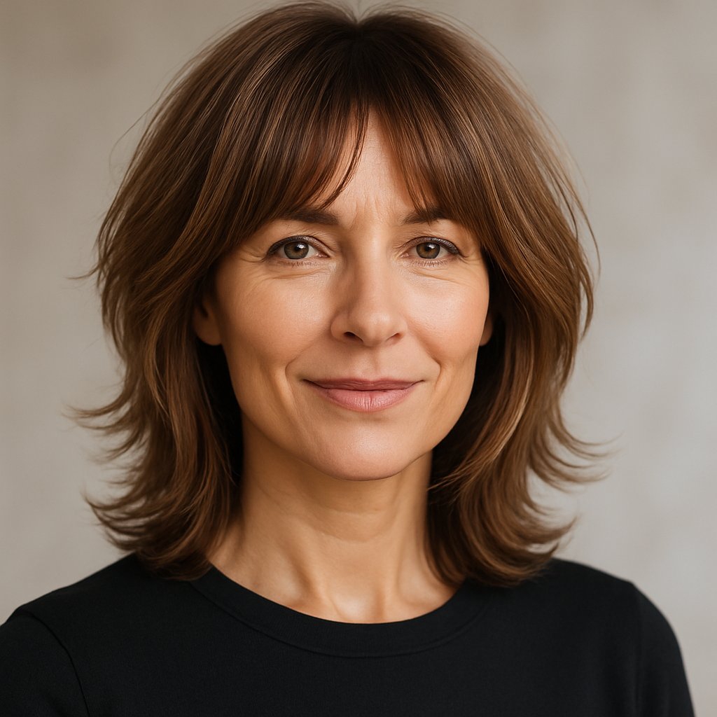 A middle-aged woman with shoulder-length layered hair and bangs, smiling softly against a neutral background.