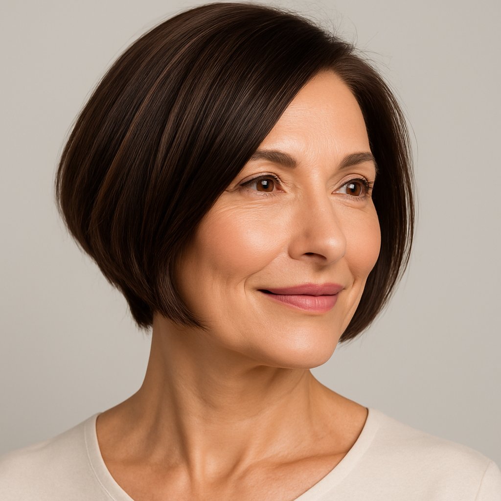 A mature woman with an asymmetrical bob haircut smiling softly against a plain background.