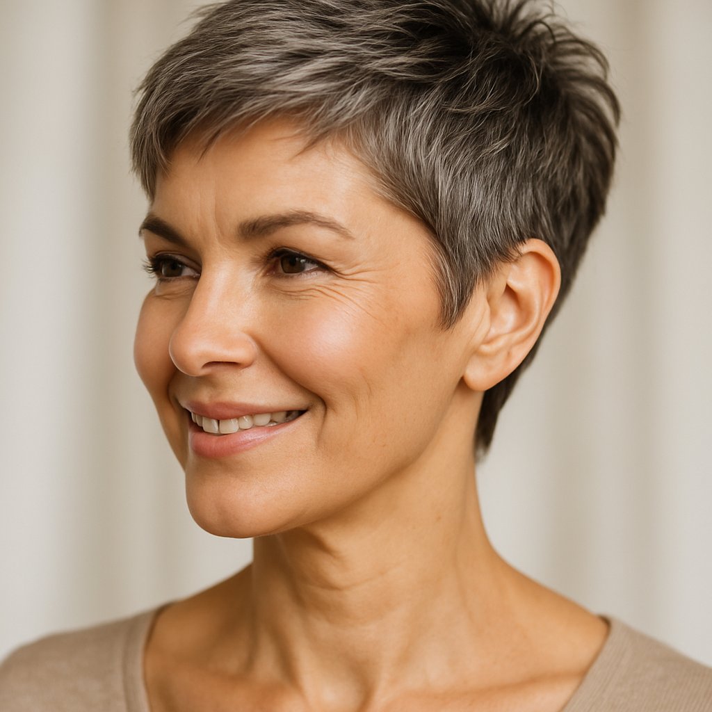 A smiling mature woman with short textured hair and prominent cheekbones looking slightly to the side against a blurred neutral background.
