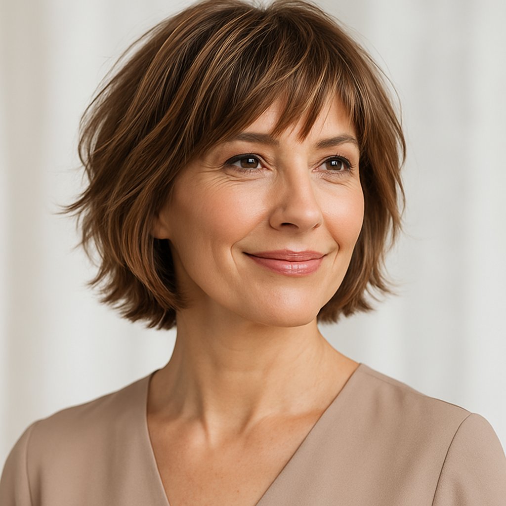 A middle-aged woman with a short bob hairstyle smiling softly against a light, blurred background.