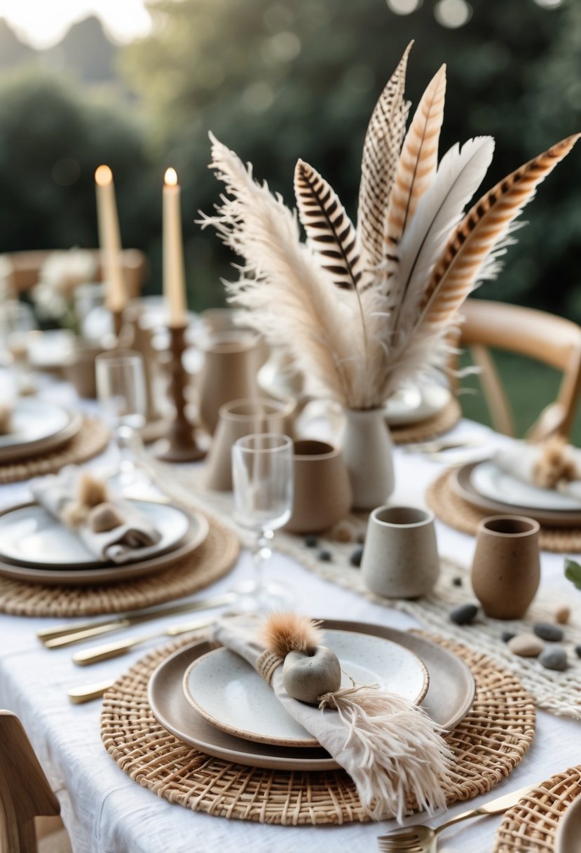 A wedding table set with natural and rustic décor including woven placemats, ceramic plates, candles, and dried grasses arranged as a centerpiece.