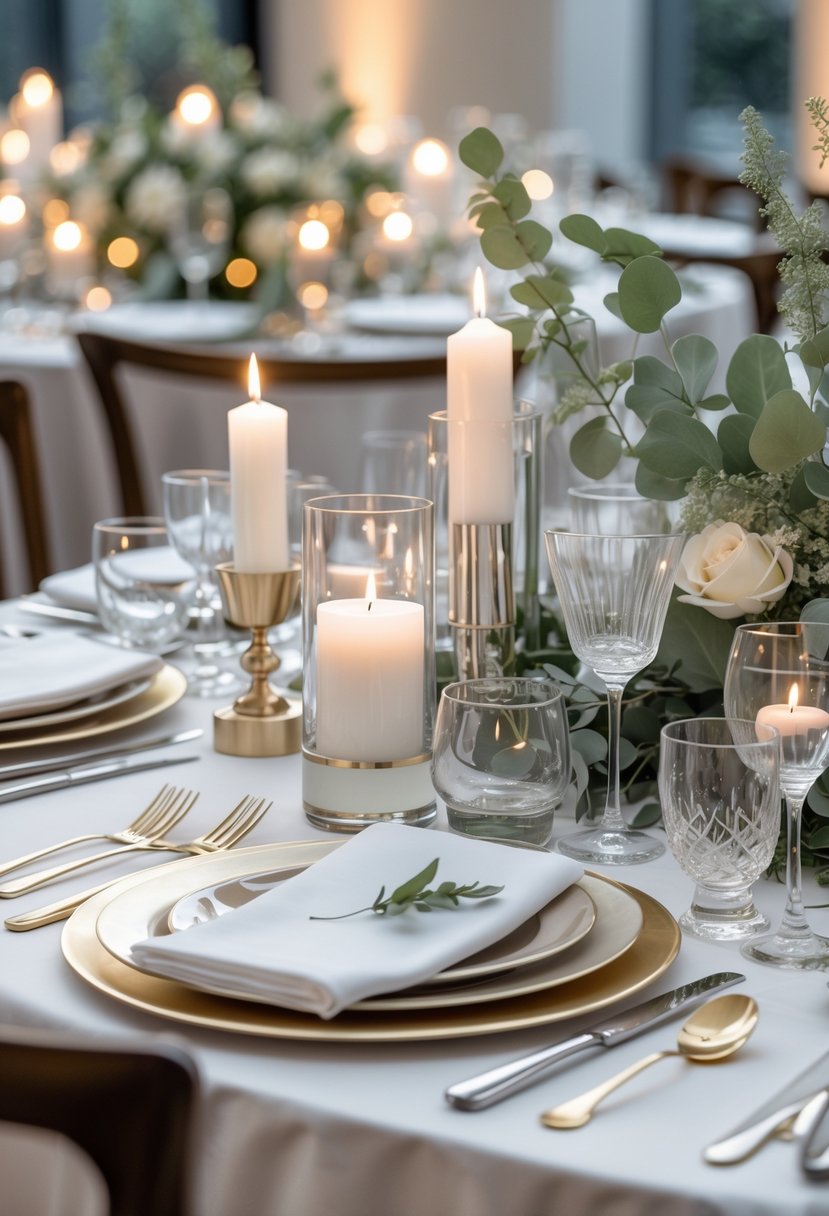A wedding table set with white linens, crystal glasses, gold-accented plates, candles, and minimalist greenery without any flowers.