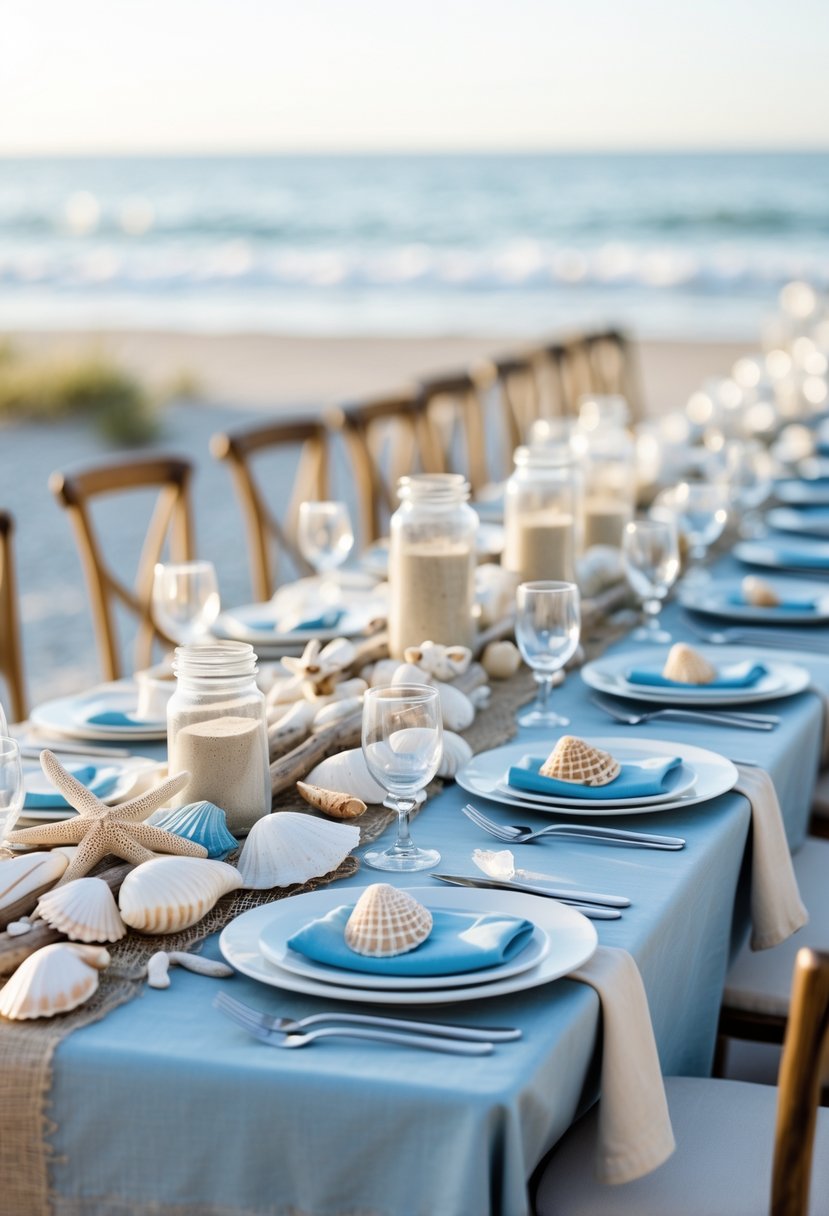A wedding table set on the beach decorated with seashells, starfish, driftwood, candles, and beach-themed items without any flowers.