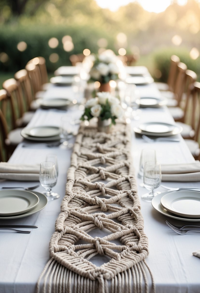 A wedding table set outdoors with macramé table runners, simple white plates, glassware, and cutlery on a wooden table under soft natural light.