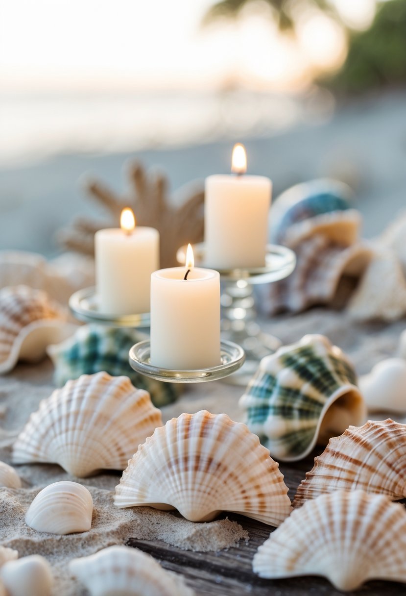 Seashell candle holders with lit candles arranged on a wooden table with sand, set against a blurred beach background.