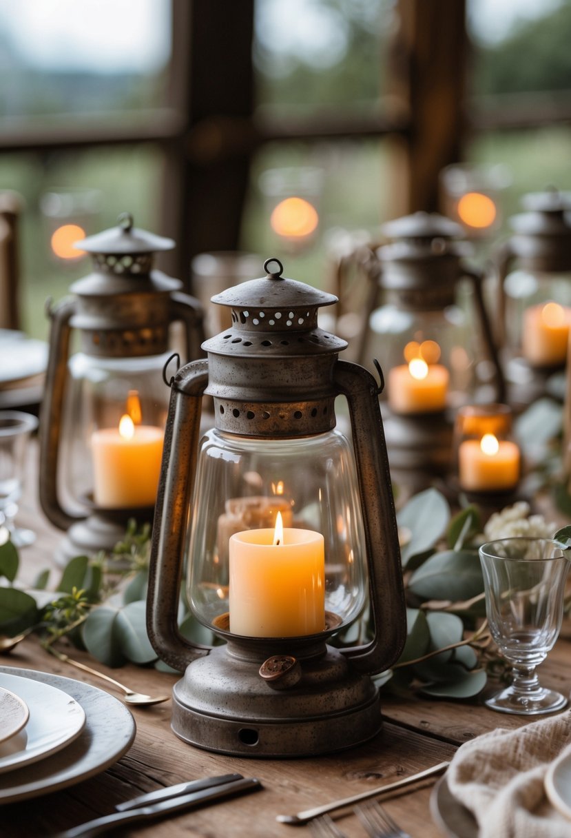 A wedding table with vintage lanterns containing glowing LED candles arranged on a wooden surface.