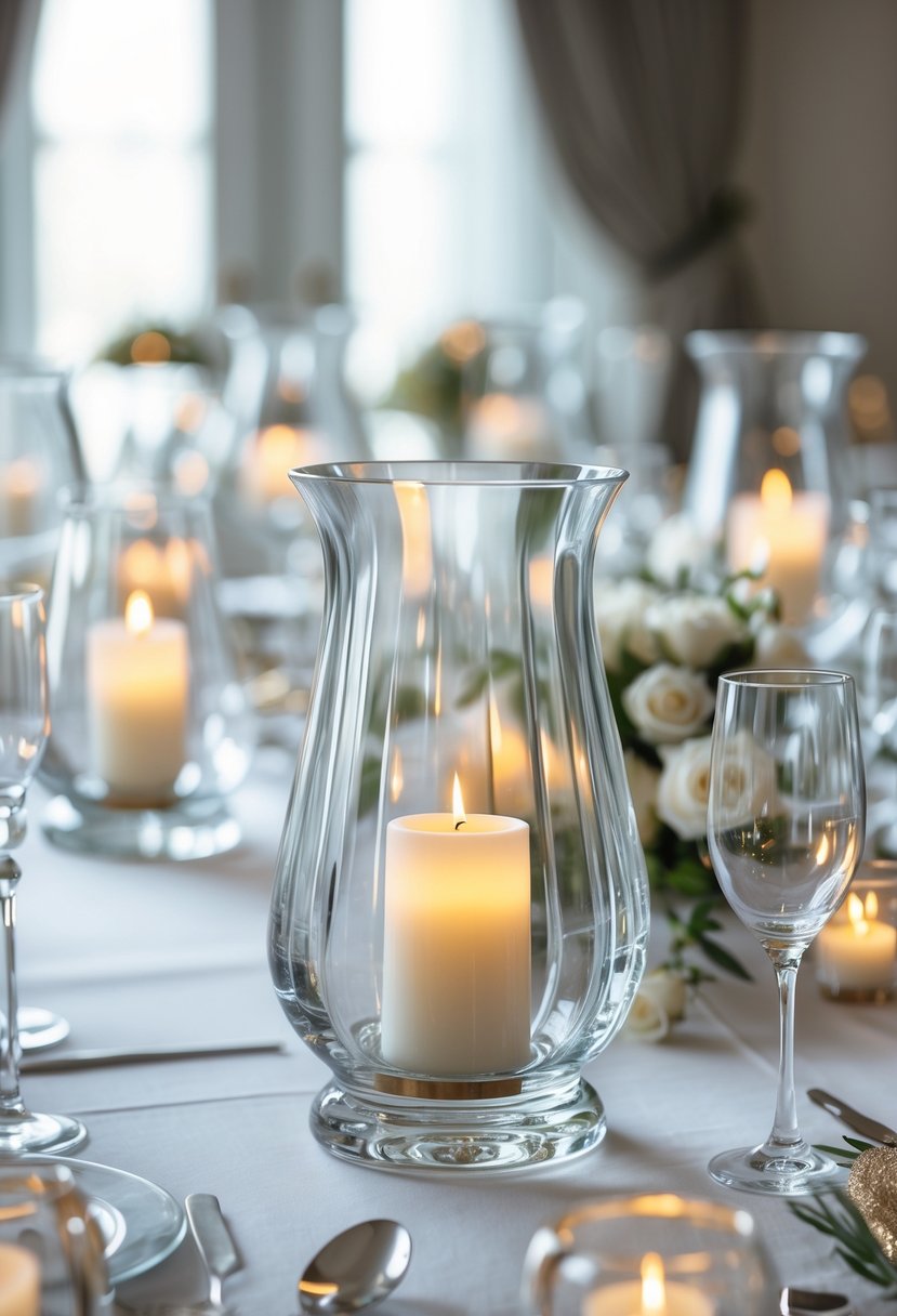 Crystal glass hurricane lamps with glowing LED candles arranged on a wedding table without flowers.