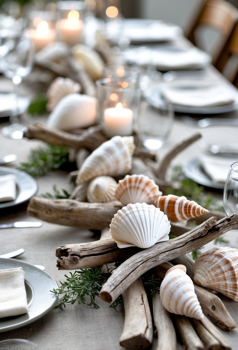 A wedding table decorated with driftwood and seashells arranged as natural centerpieces on a neutral linen tablecloth.
