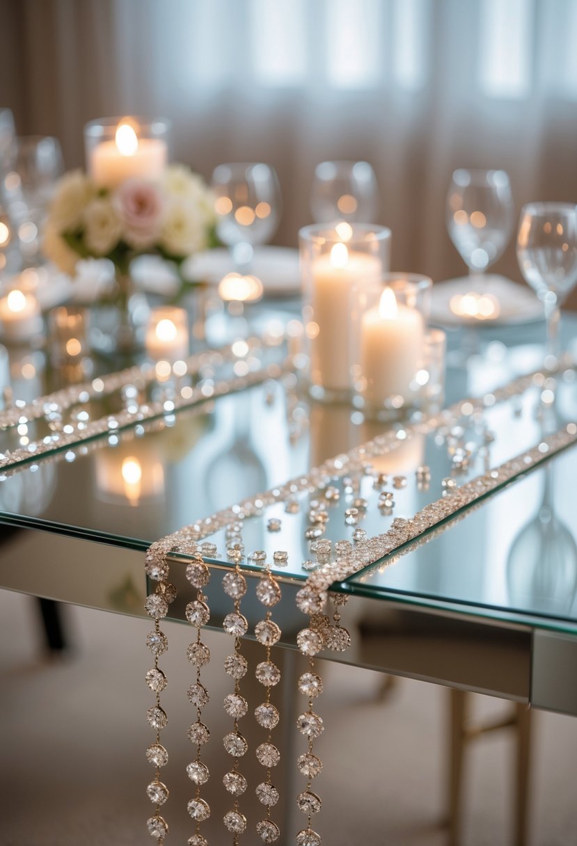 A wedding table with mirrored runners and scattered rhinestones as decoration, without any flowers.
