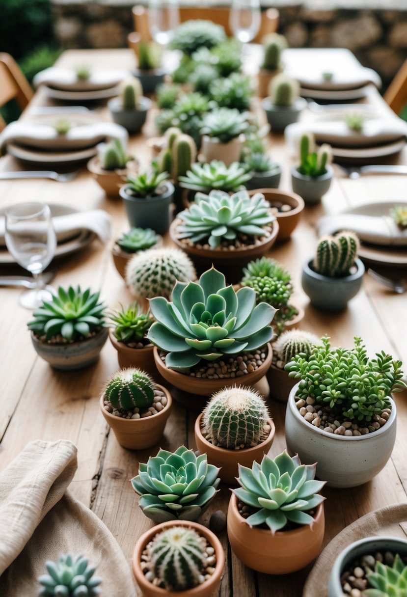 A wedding table decorated with clusters of various succulents and cacti in small pots on a wooden surface.