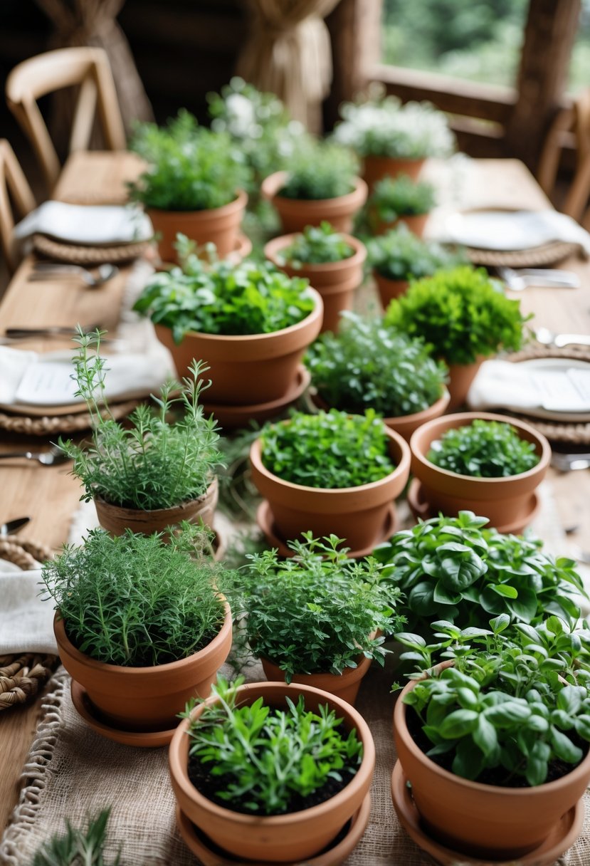 Terracotta pots with green herbs arranged on a wedding table with rustic décor.