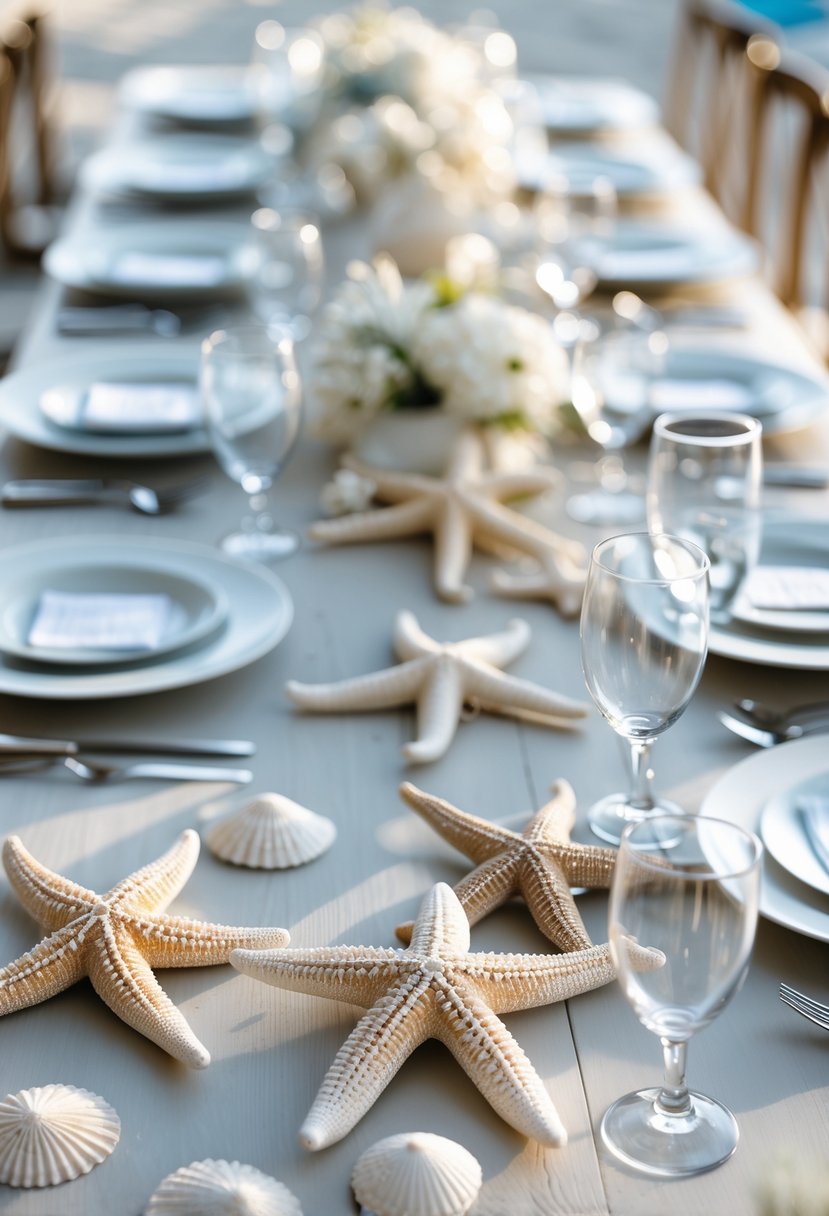 Wedding table decorated with starfish scattered on the surface, set with plates, cutlery, and glassware.