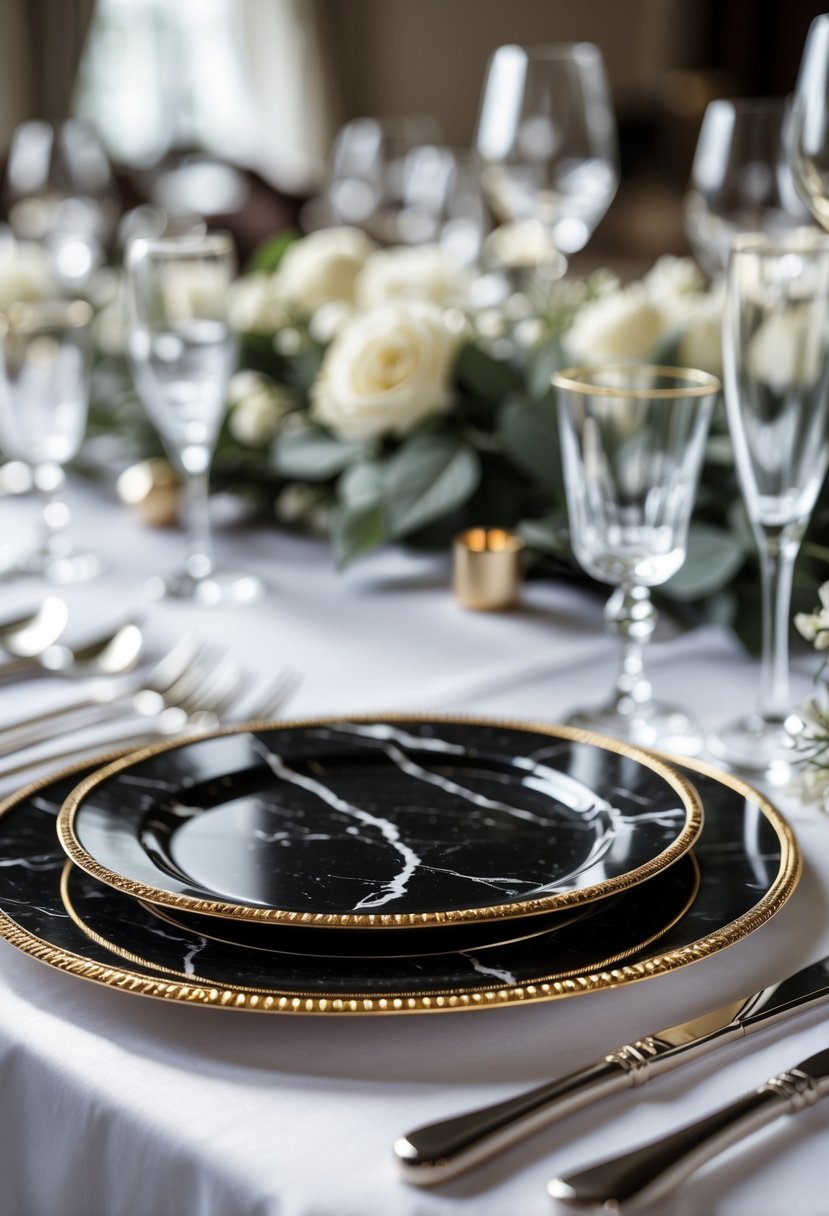 A wedding table setting with black marble charger plates trimmed in gold, surrounded by glassware and silver cutlery on a white tablecloth.