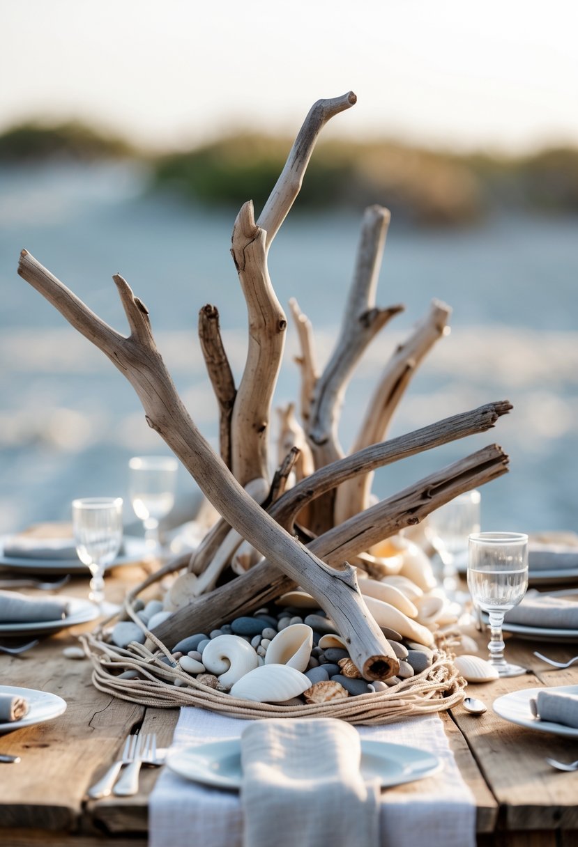 A wedding table centerpiece made of driftwood with seashells and pebbles on a wooden table.