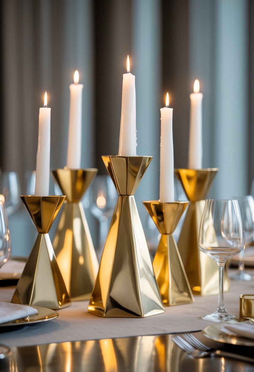 A set of geometric brass candle holders with lit candles arranged on a wedding table.