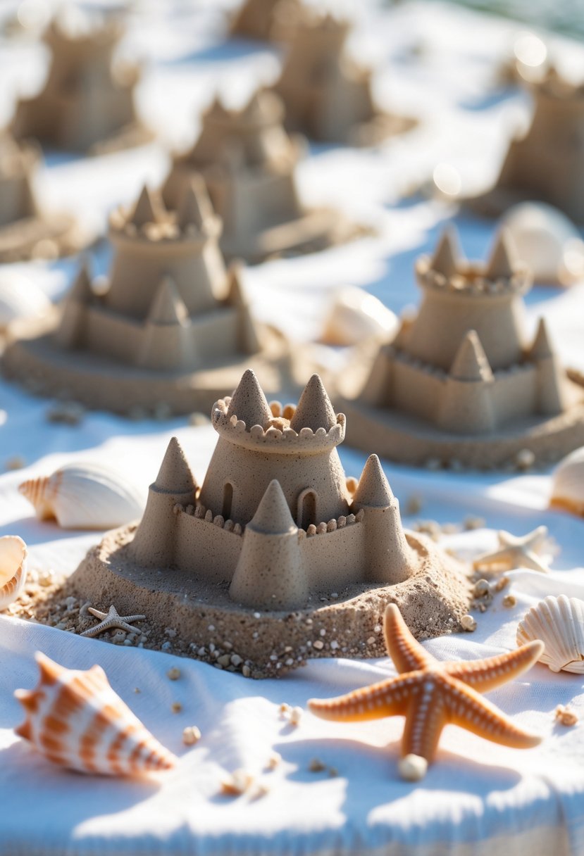 Miniature sandcastles arranged on a white tablecloth with seashells and starfish as beach-themed wedding table decorations.