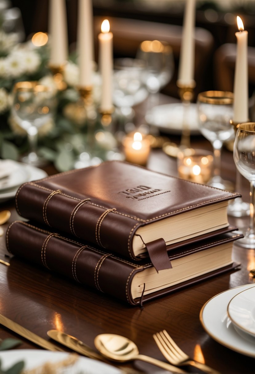 A wedding table with leather-bound guest books arranged as decor, surrounded by candles and glassware.